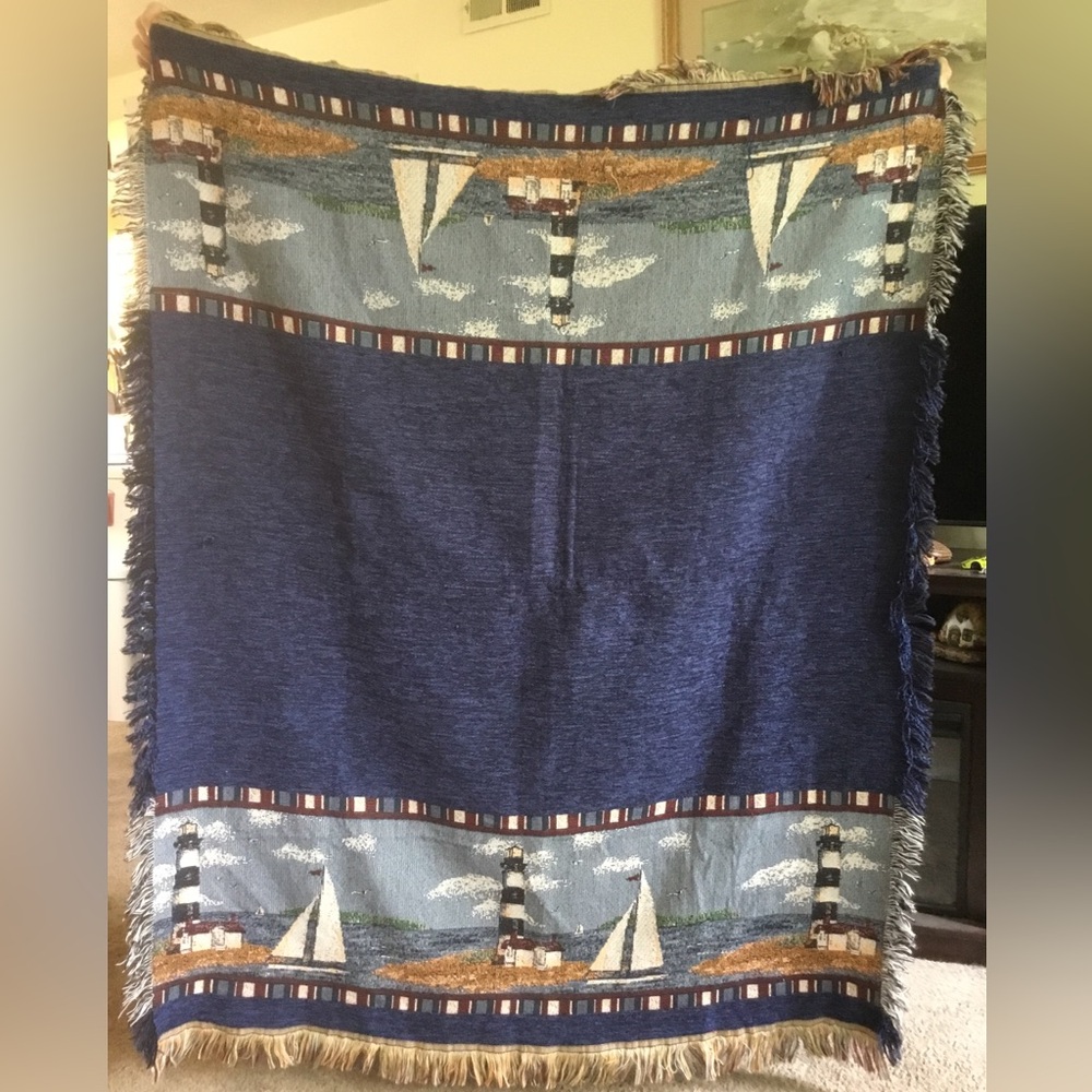 Nautical Lighthouse Woven Throw Blanket - Blue